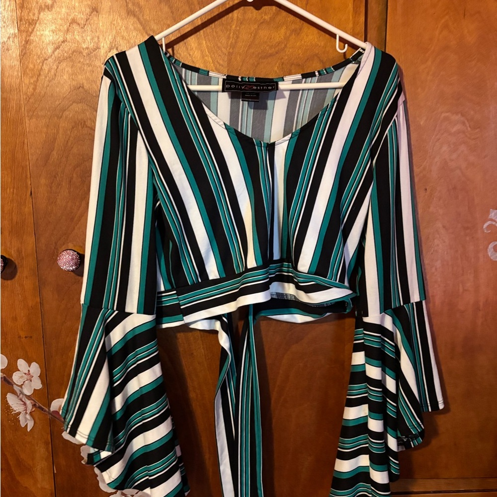 Striped Green and White Bell Sleeve Top